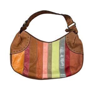 VINTAGE FOSSIL BOHO COLORBLOCK STUDED BROWN LEATHER SHOULDER HANDBAG PURSE